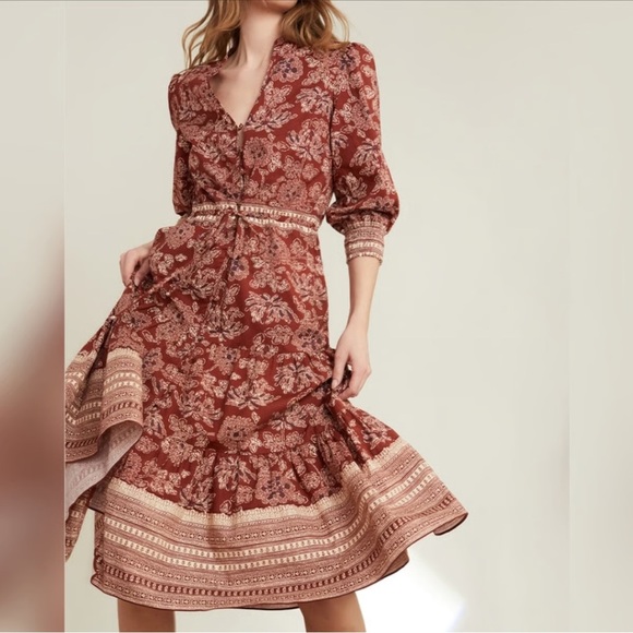 Veronica Beard Swedie Rust and Cream Floral Midi Dress - Picture 1 of 9